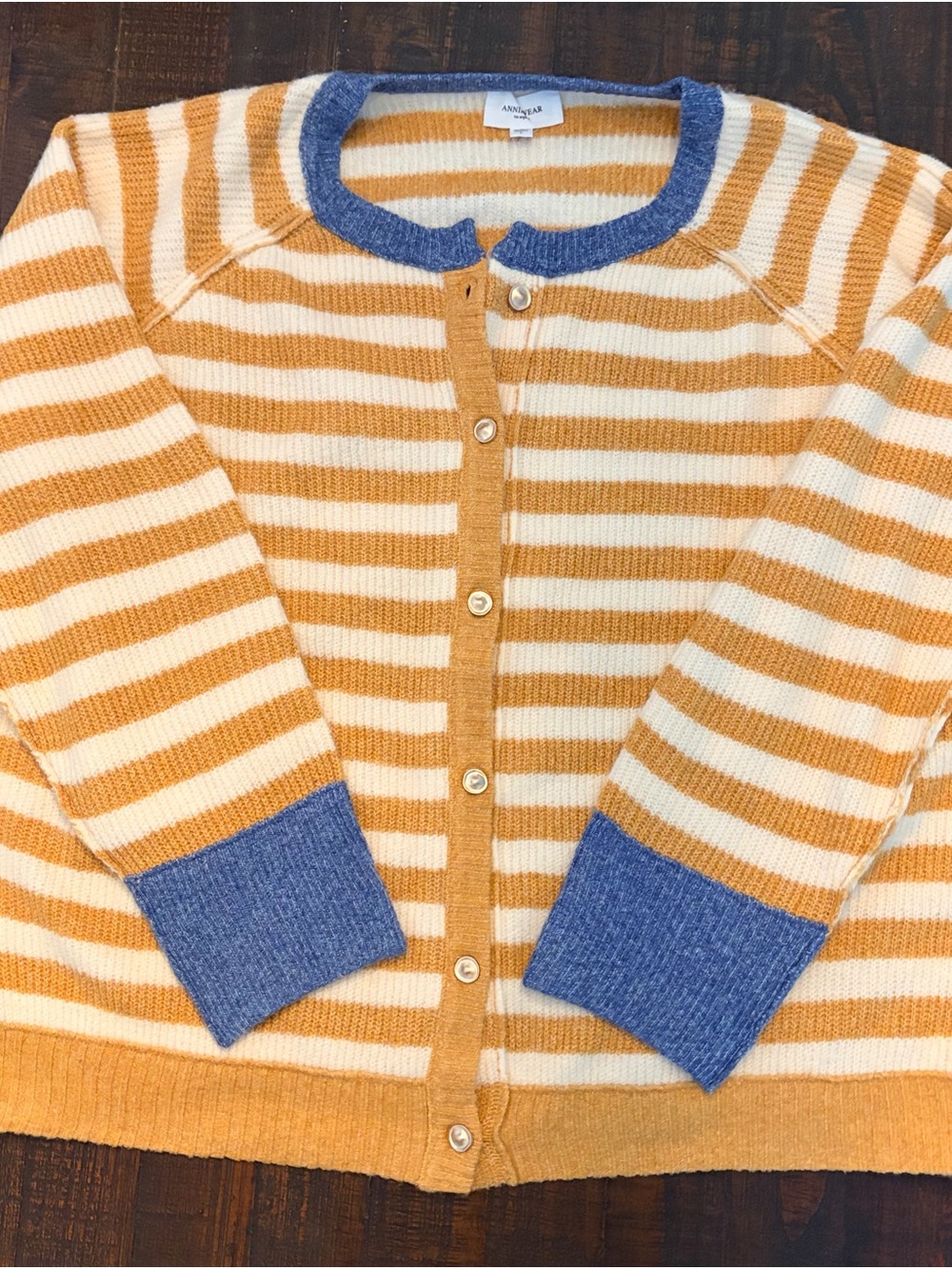 Striped Gold & Cream Cardigan with Blue Trim